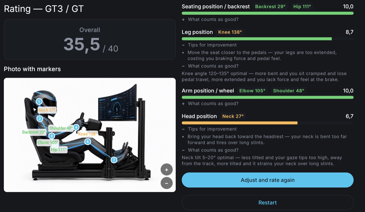 SimPosture-Bewertung einer GT3-Sitzposition mit Winkel-Markern und Punktzahl